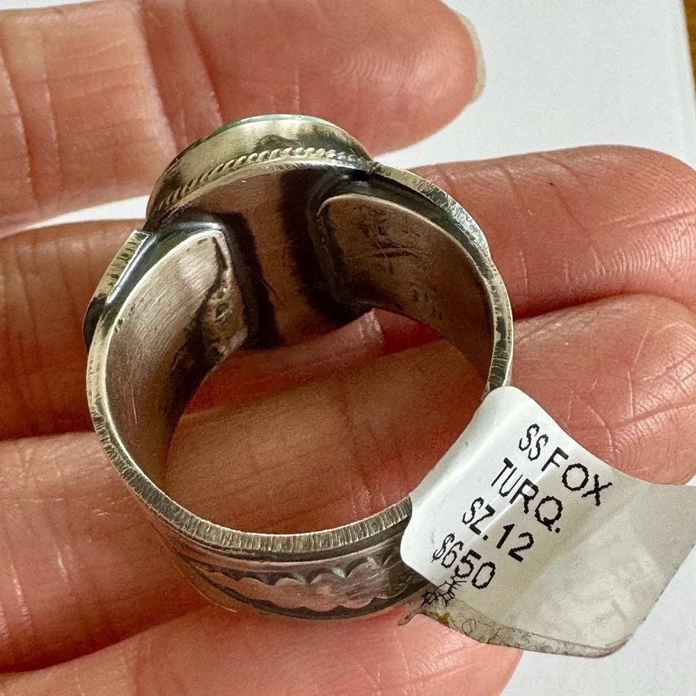 Navajo Turquoise Mens Ring Fox‎ w Pyrite 12 Signed Tillie Jon Sterling Wide Band